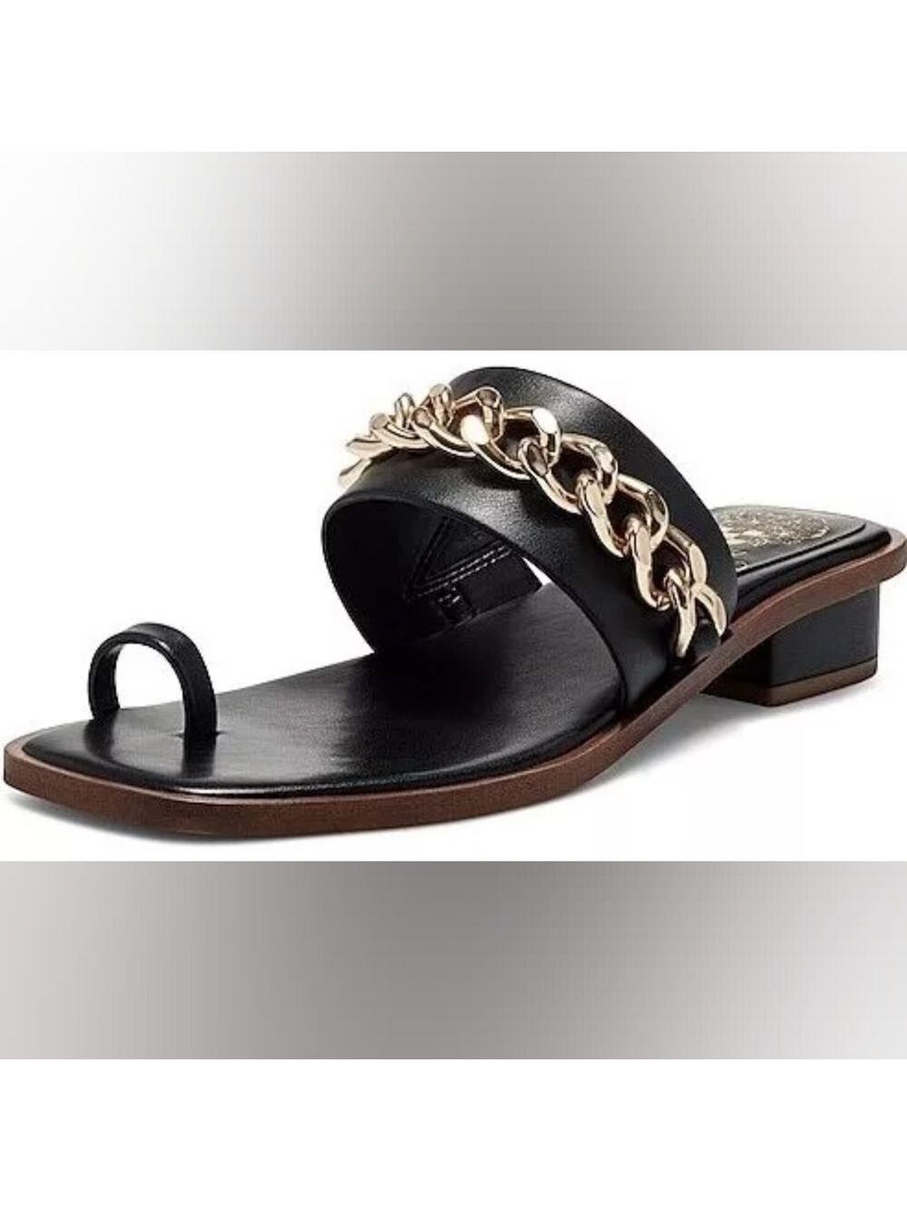Vince Camuto Yamell Leather Toe-Loop Slide Sandal Black Leather Gold Chain Mule